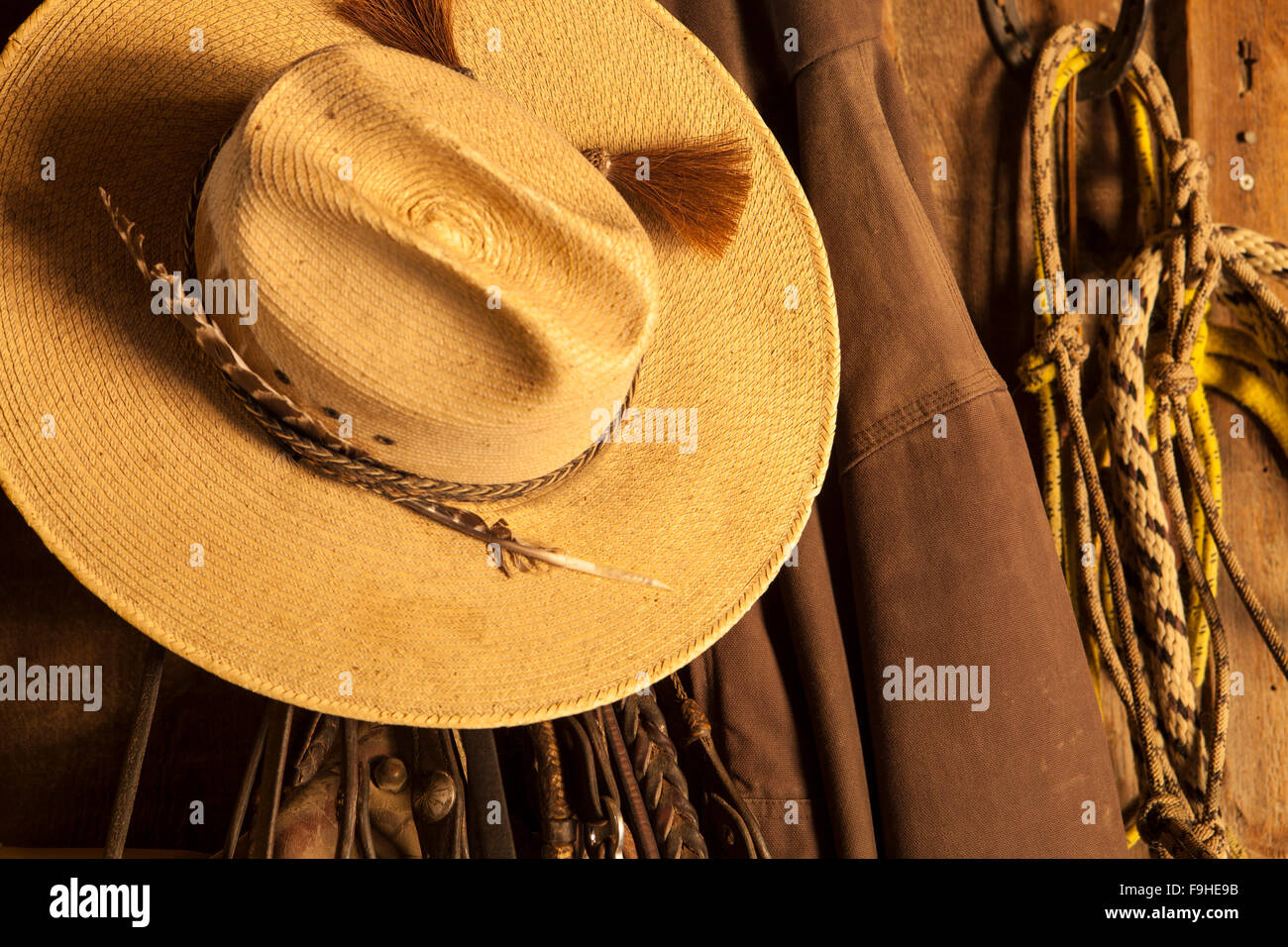 stetsons hanging in tack barn, Alisal Guest Ranch, Solvang, California Stock Photo