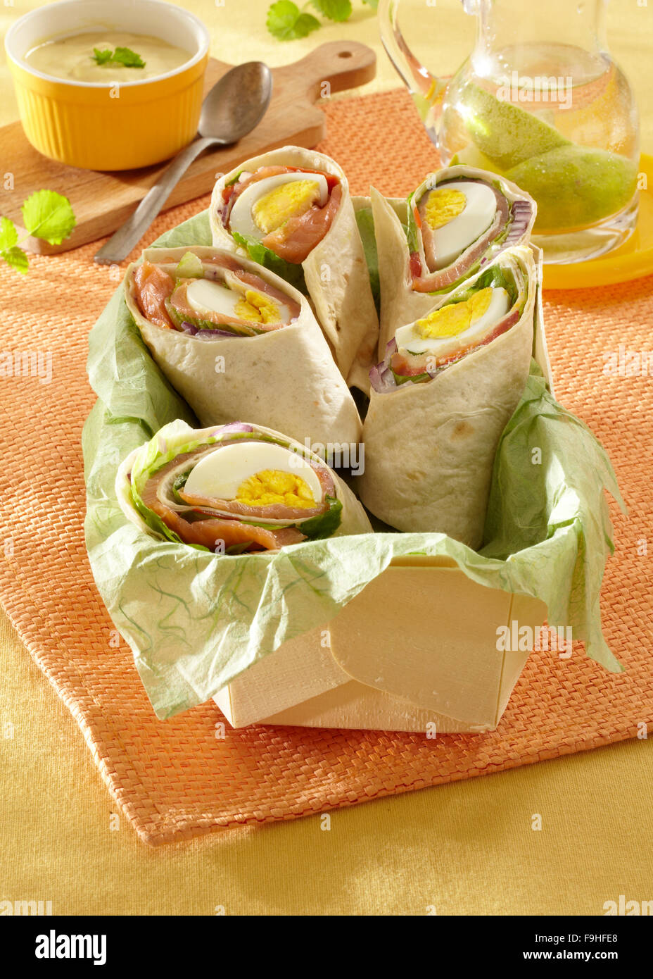 Salmon,, egg and mustard mayo tortillas Stock Photo Alamy