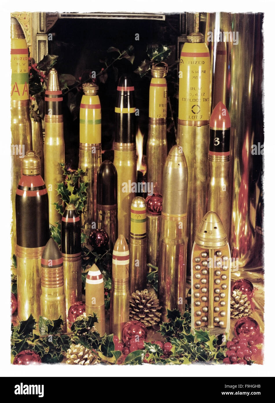 Vintage Christmas card scene made from WW1 artillery shells Stock Photo