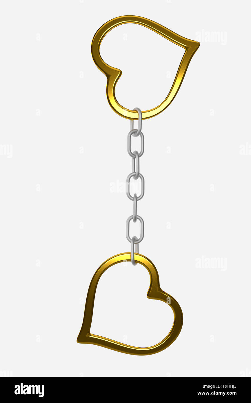 rendered hanging heart-shaped golden handcuffs on the white background Stock Photo