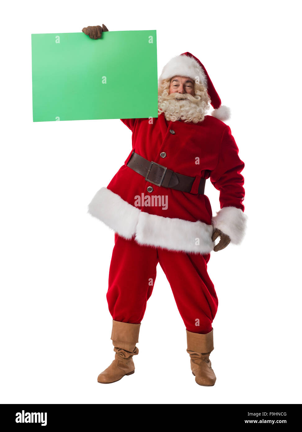 Santa Claus holding green blank sign Full Length Portrait. Isolated on ...