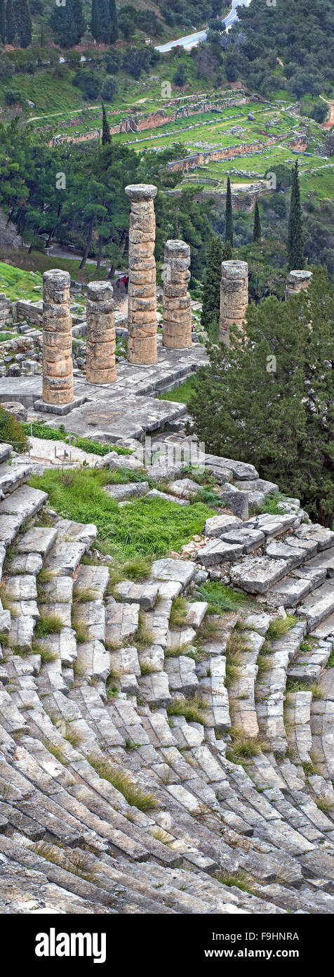 The Temple of Apollo and the ancient theater in Delphi archaeological site in Fokida region, Central Greece Stock Photo