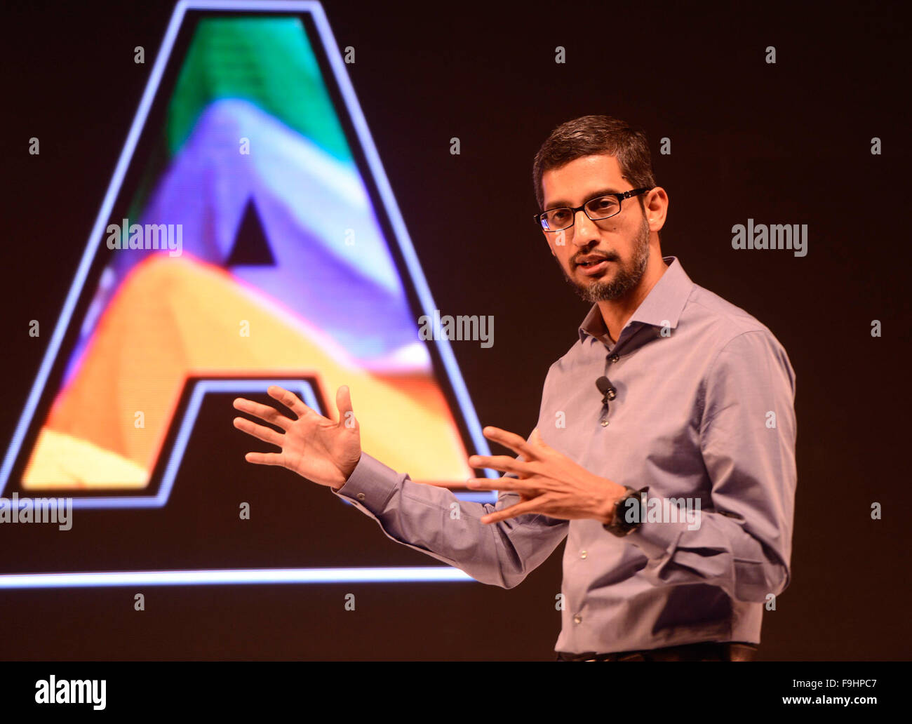 New Delhi, India. 16th Dec, 2015. Chief Executive Officer of Google Inc. Sundar Pichai speaks at a news conference in New Delhi, India, Dec. 16, 2015. Sundar Pichai on Wednesday announced the company's plans to expand products and services in India. © Stringer/Xinhua/Alamy Live News Stock Photo
