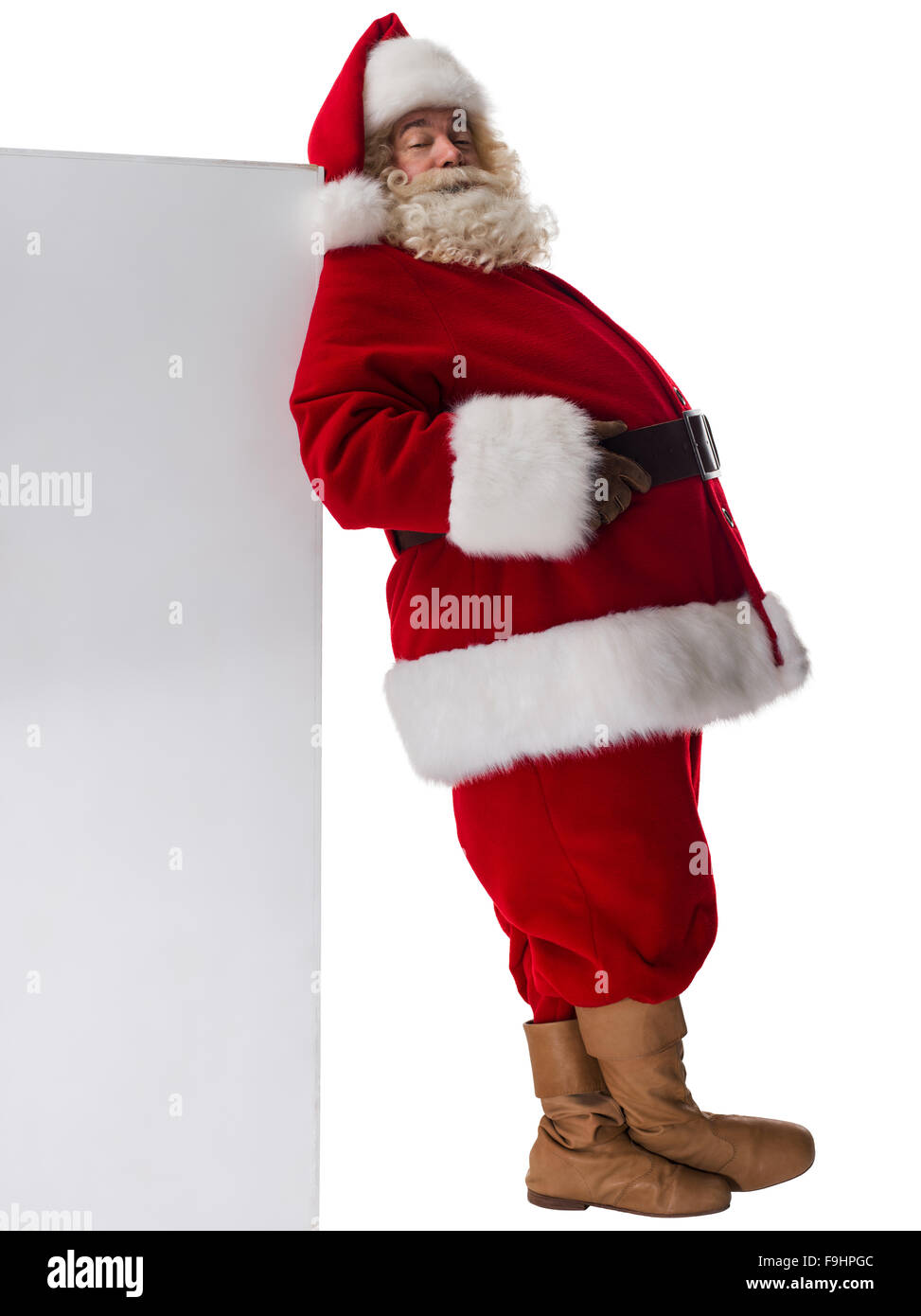 Santa Claus holding white blank sign Full Length Portrait. Isolated on ...