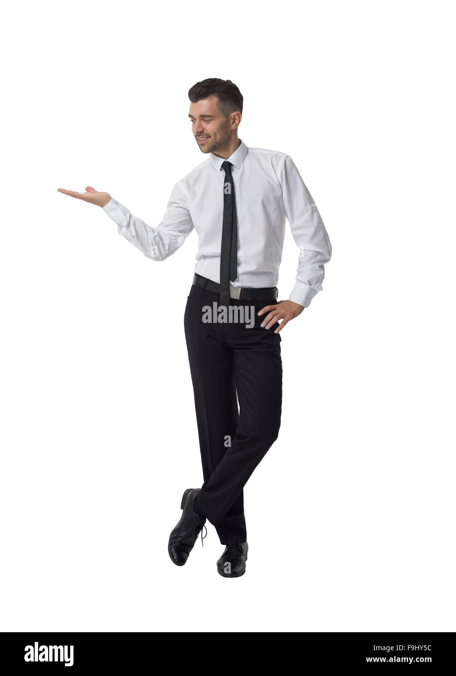 Businessman presenting something Full Length Portrait isolated on White Background Stock Photo
