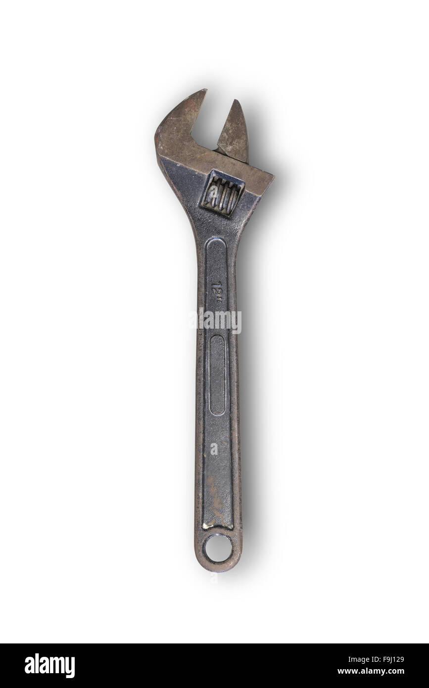 old adjustable spanner (monkey wrench) isolated on white background Stock Photo
