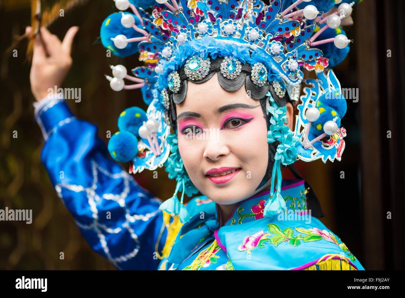 Chengdu, Sichuan Province, China - Dec 11, 2015 : Portrait of a young woman dressed in Sichuan Opera traditional costume. Stock Photo