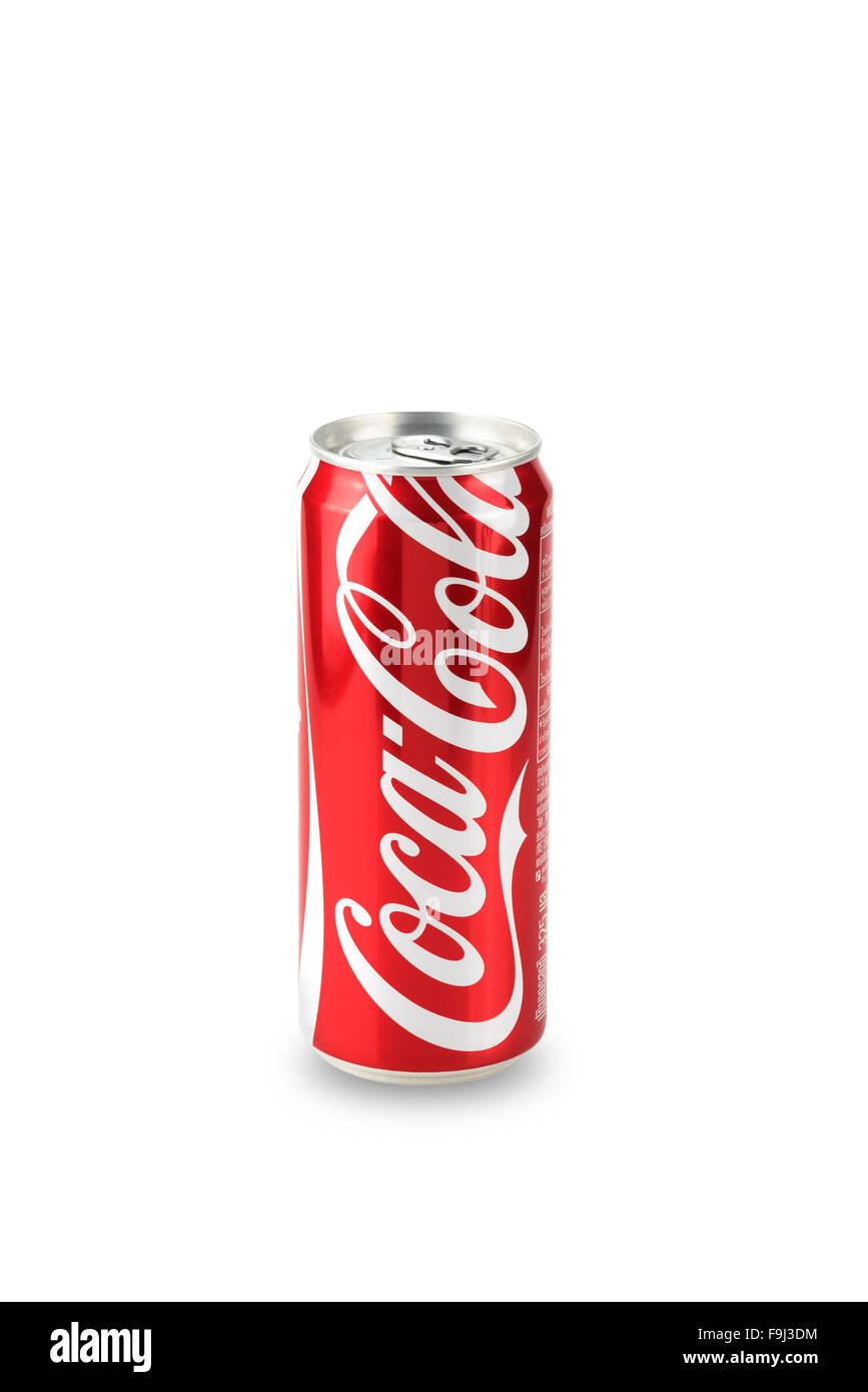 Bangkok, THAILAND December 1: Coke can Isolated on white Background. Coke is popular flavored soft drink created by Coca-Cola co Stock Photo
