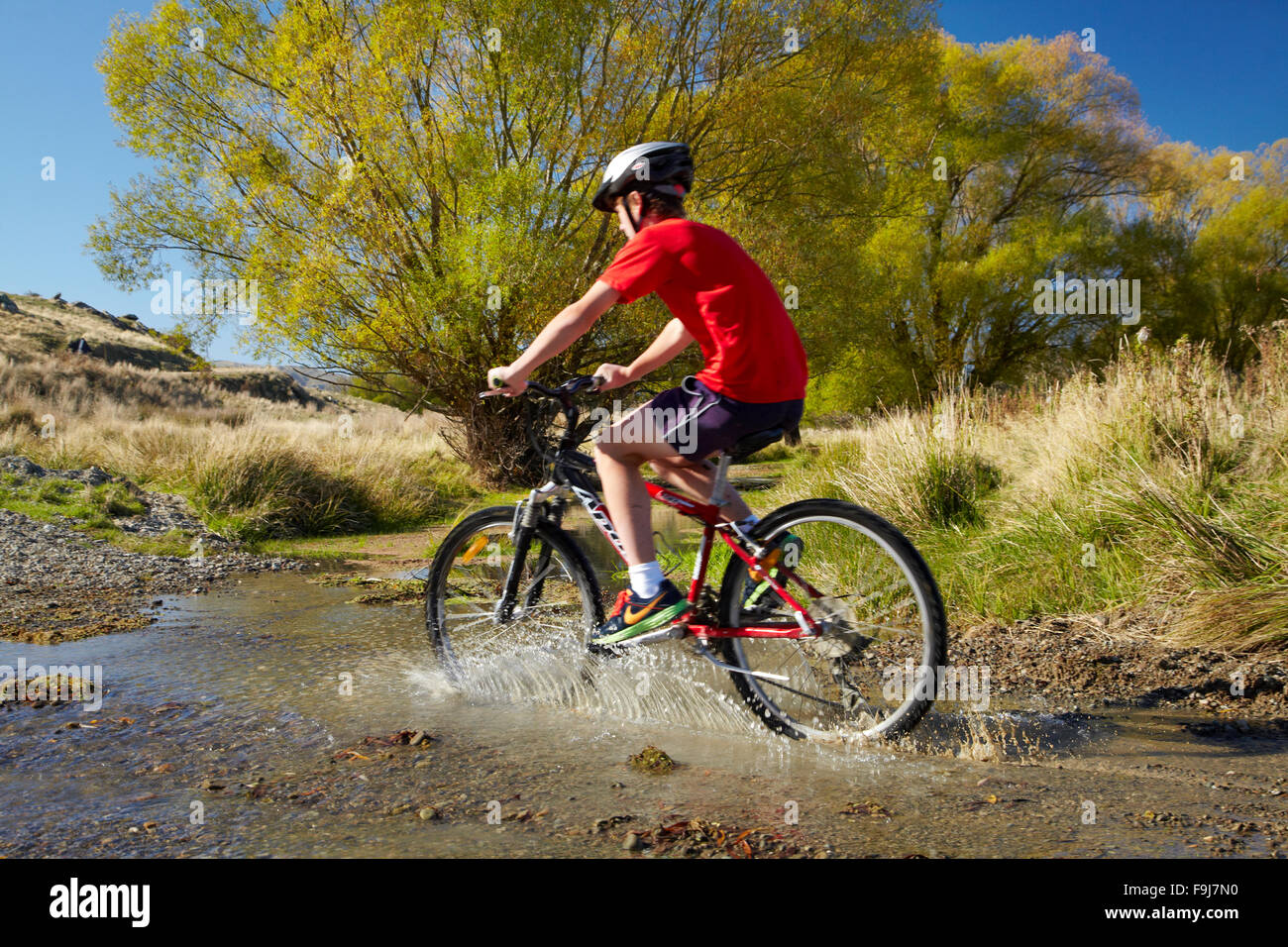 Cyclist crossing the Ida Burn Stream, Ida Valley, beside Otago Central Rail Trail, Central Otago, South Island, New Zealand Stock Photo