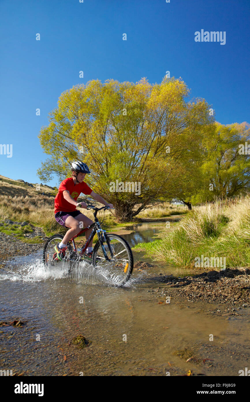 Cyclist crossing the Ida Burn Stream, Ida Valley, beside Otago Central Rail Trail, Central Otago, South Island, New Zealand Stock Photo