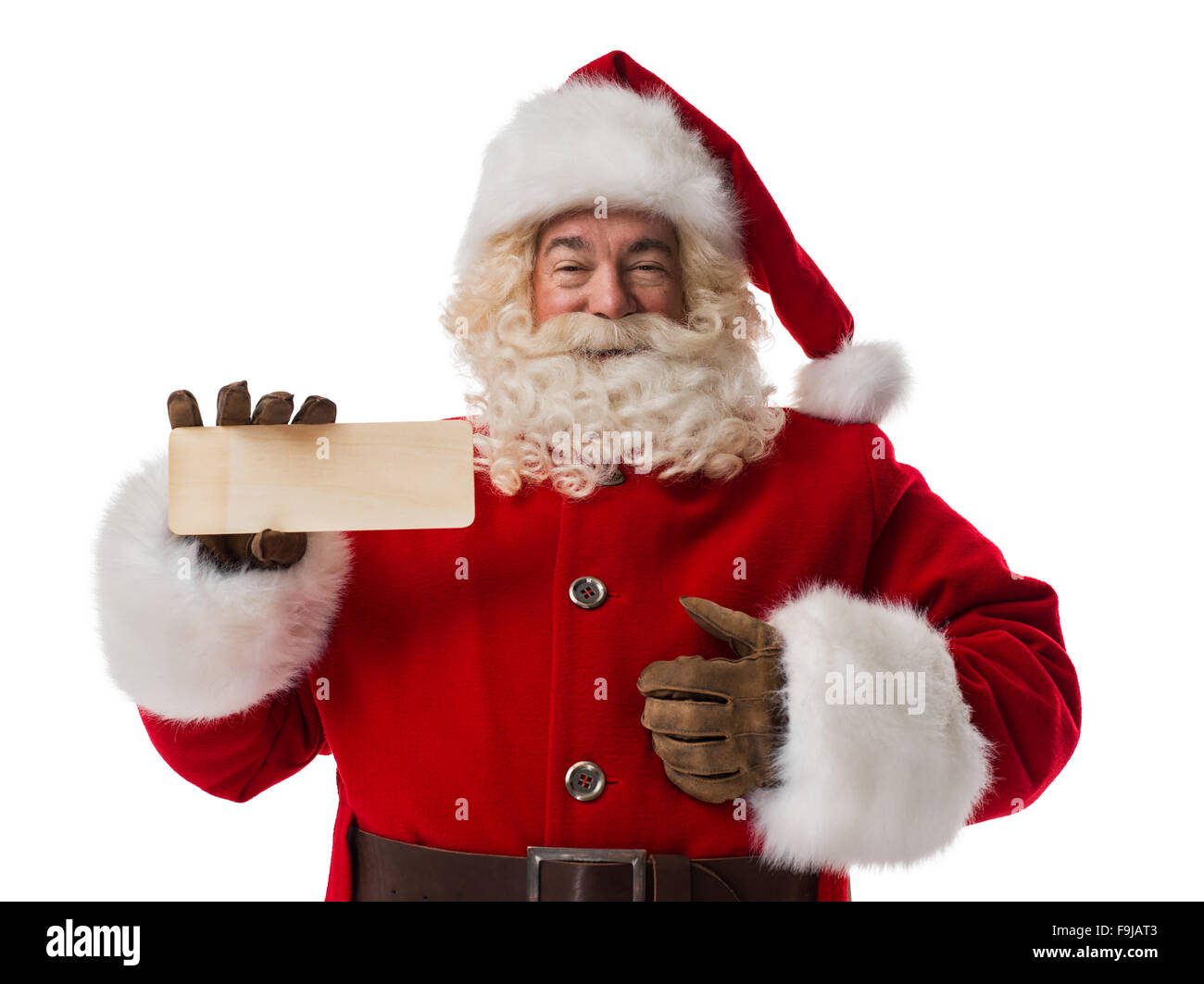 Santa Claus holding blank wooden sign Closeup Portrait Isolated on ...