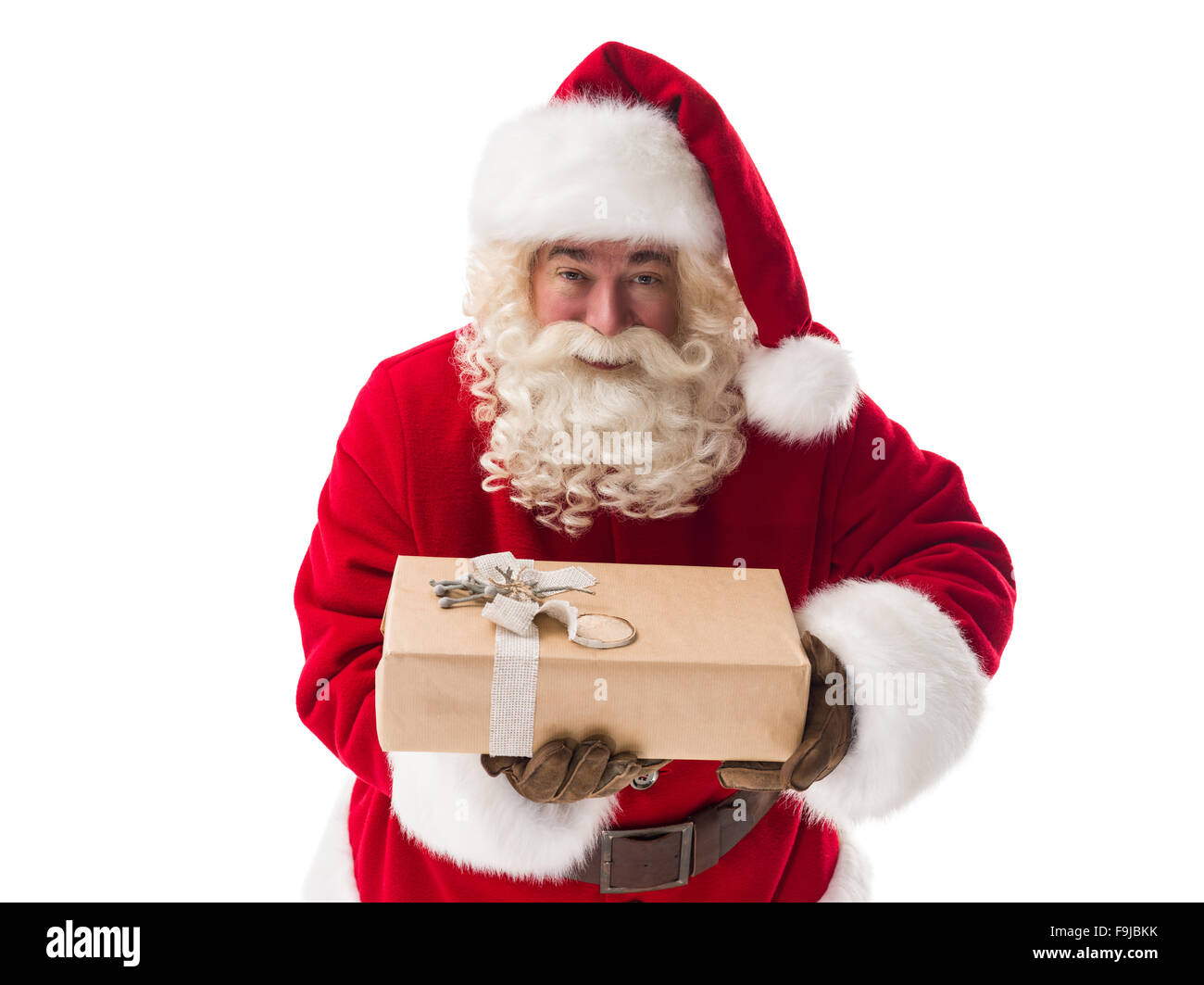 Santa Claus holding gift box Closeup Portrait Isolated on White ...