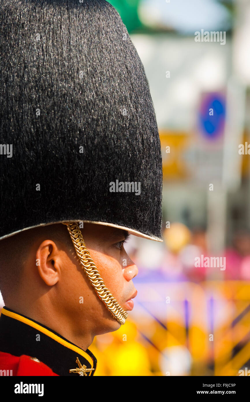 Profile of member of the Thai royal guard military wearing high fuzzy hat during the King's birthday parade Stock Photo