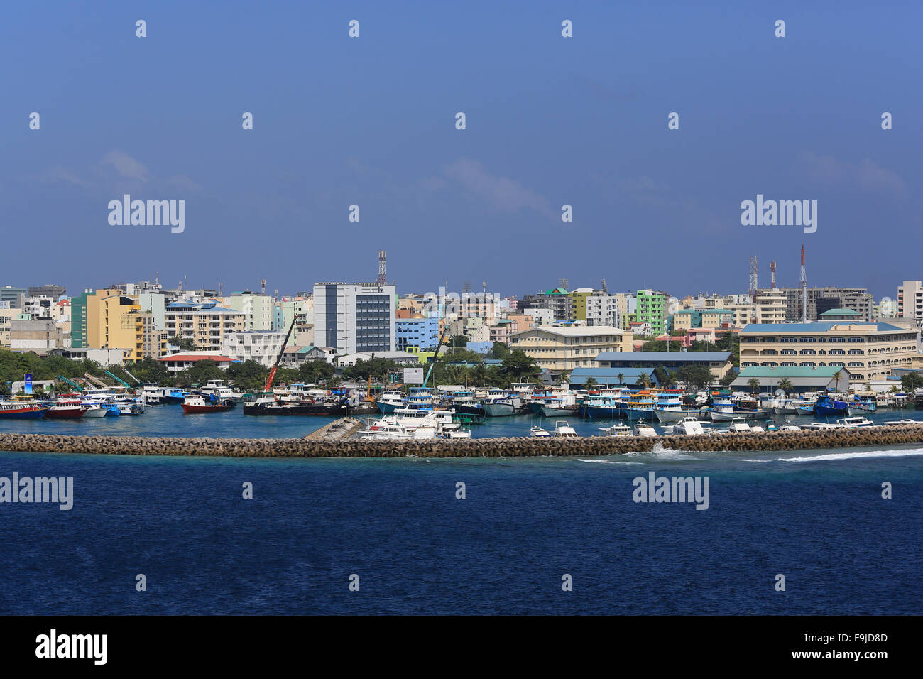 The densely populated island of Male in the Maldives, Indian Ocean, as taken from a passing cruise ship. Stock Photo