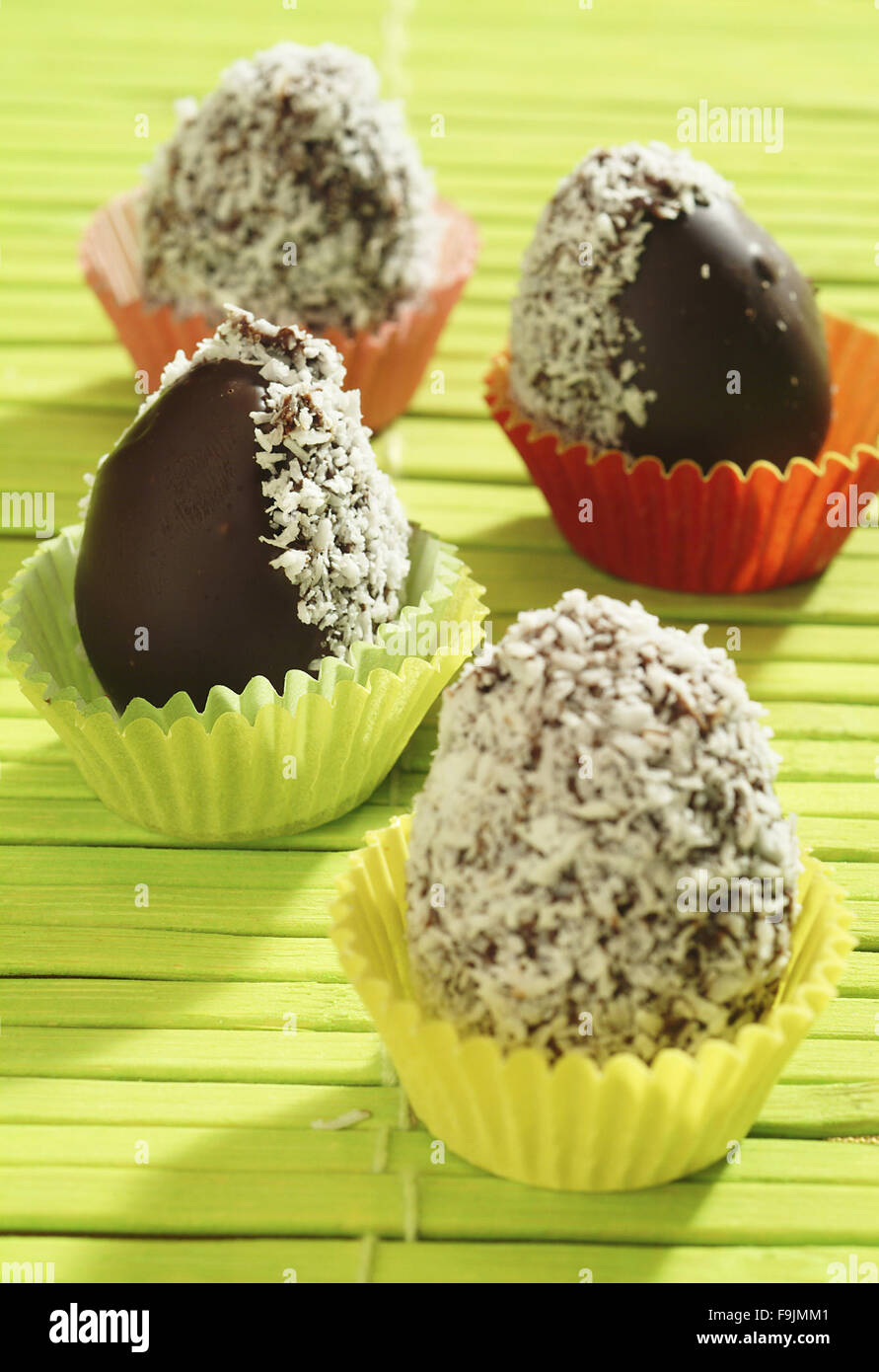 Chocolate Eggs in Coconut Stock Photo Alamy