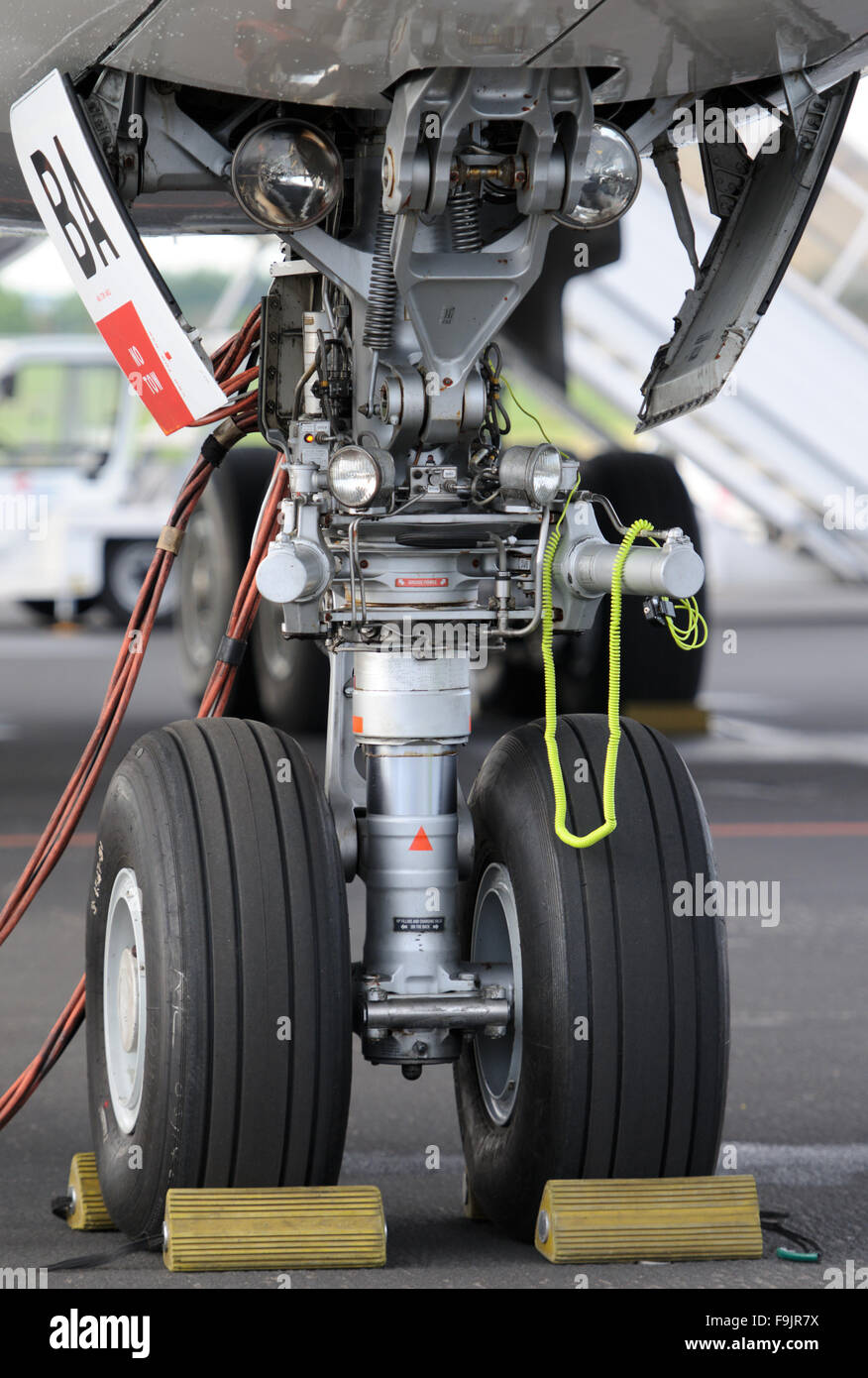 Detail of Airbus A330 nosewheel, parked position. Stock Photo