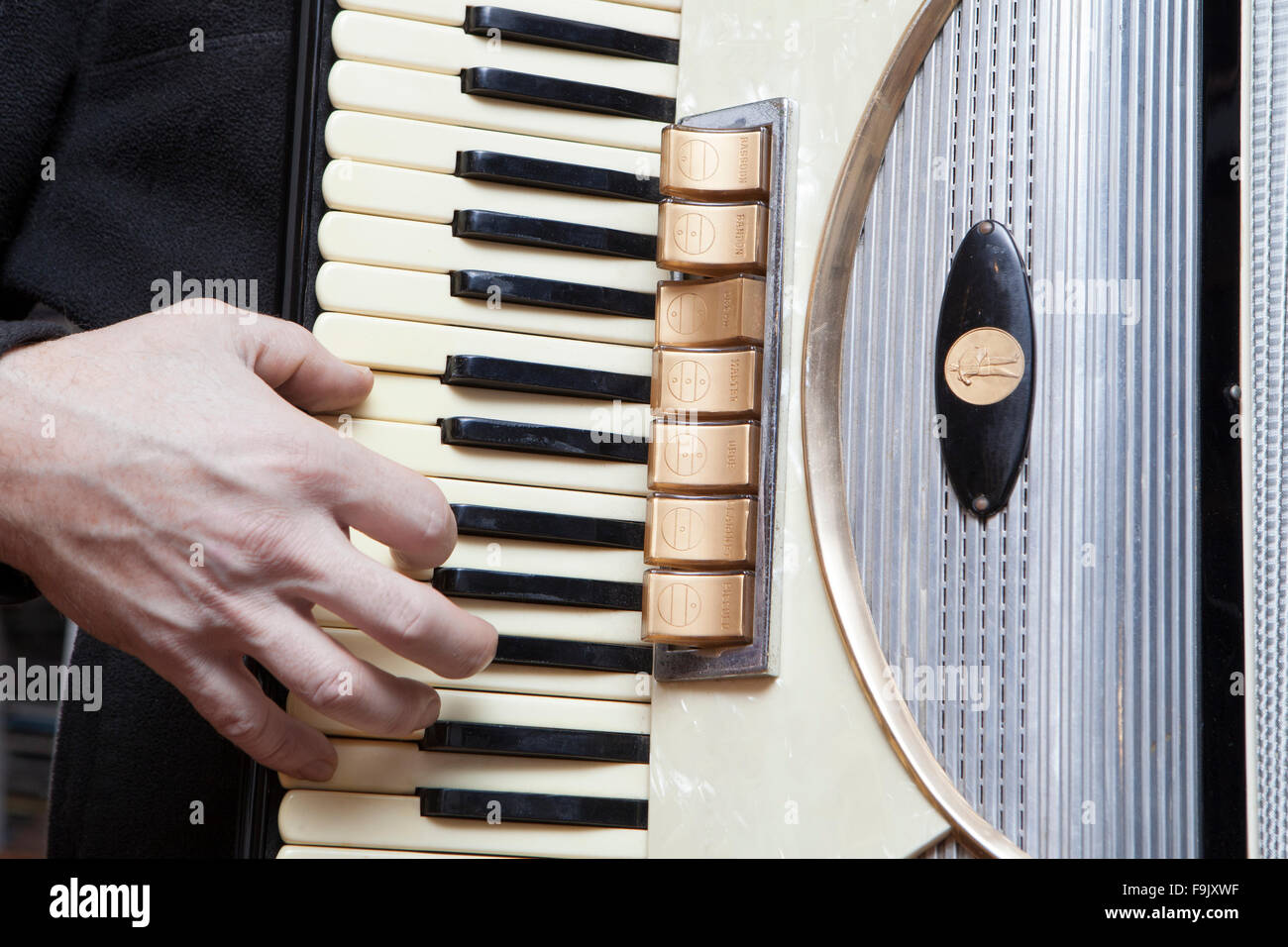 Close up of male hand on the keys of a vintage accordion. Stock Photo