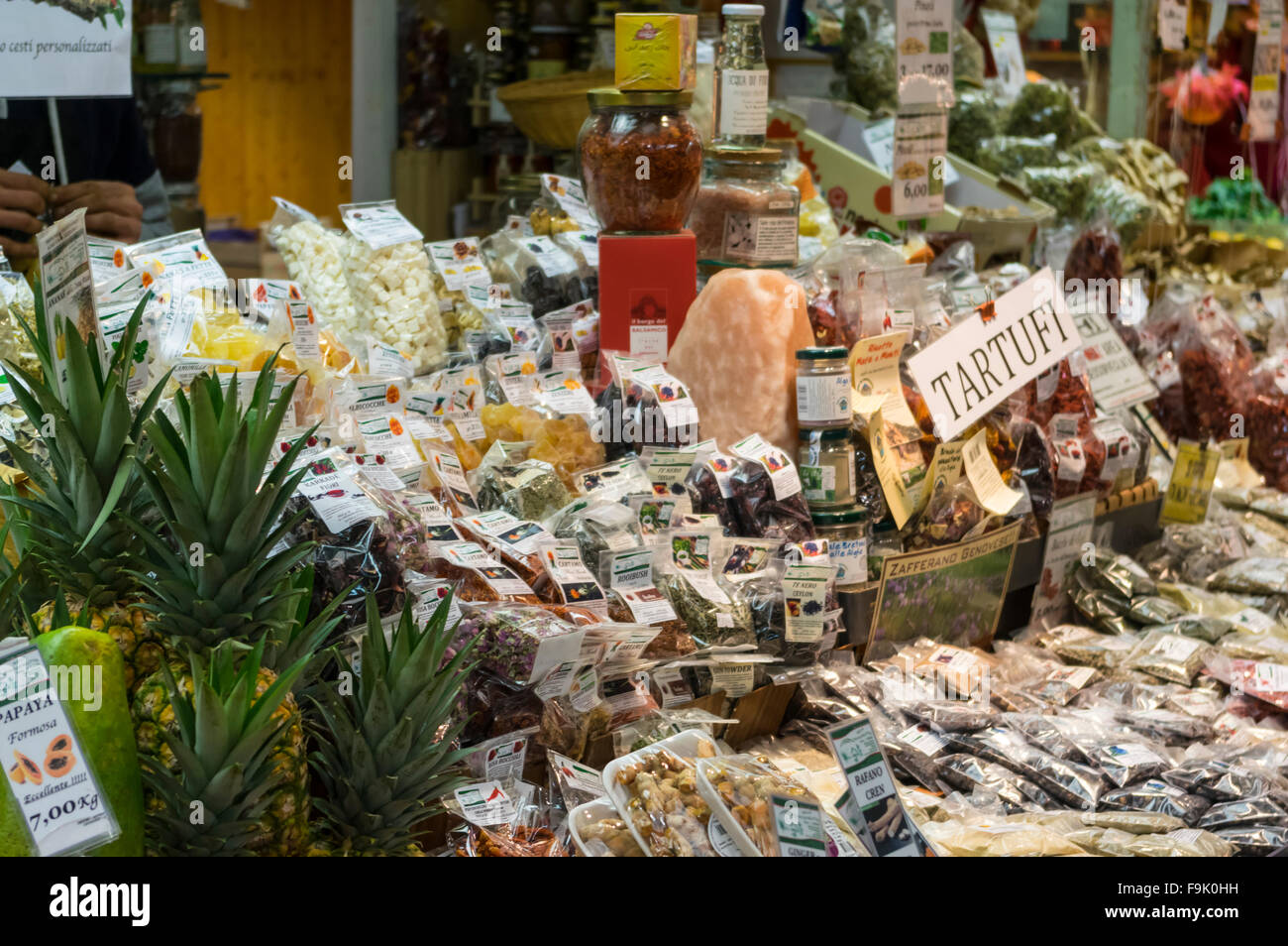 Various spices and teas on sale at the Mercato Orientale, one of the largest permanent food markets in Genova, Liguria, Italy. Stock Photo