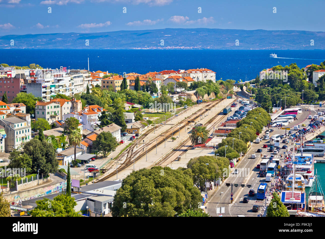 Split railway station and harbor aerial view, Dalmatia, Croatia Stock Photo