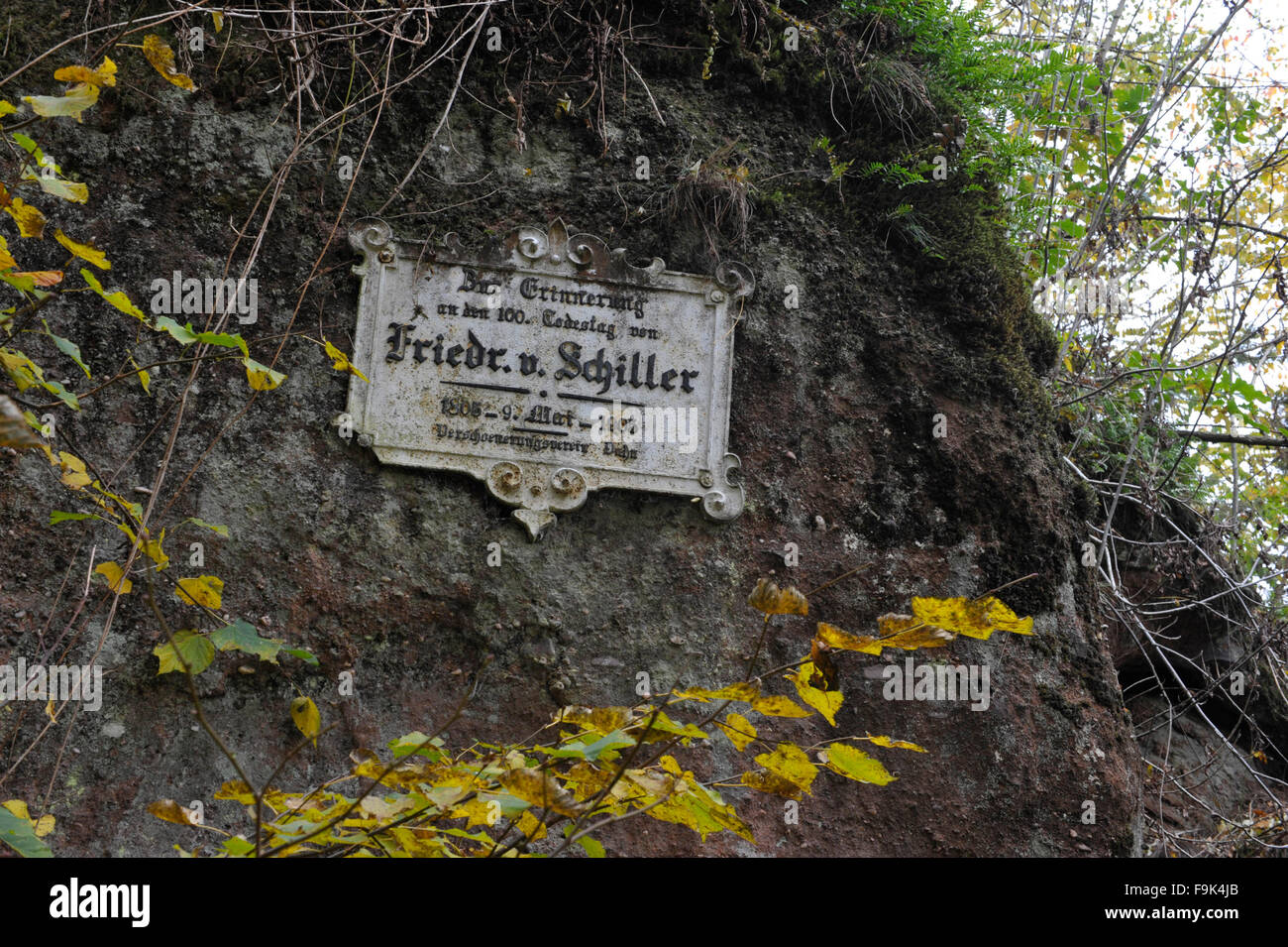 memorial tablet for 100. anniversery of the death of friedrich von schiller at dahner felsenland (dahn rockland), dahn, südwestp Stock Photo