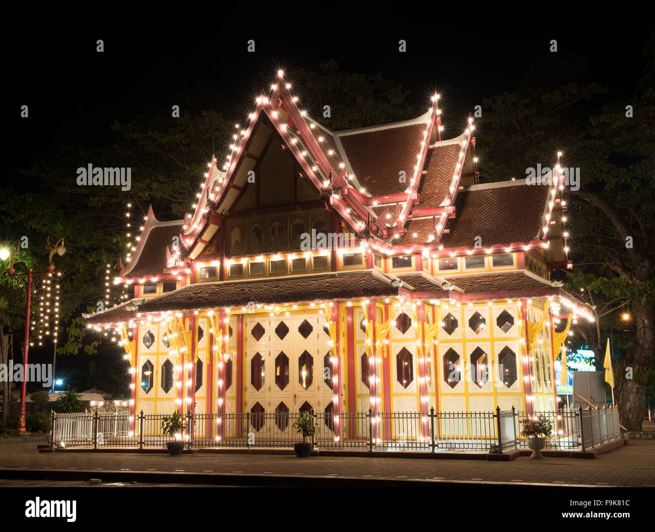 HUA HIN ,THAILAND - Dec11,2015 : king pavilion decorative night lights at Huahin railway station,thailand Stock Photo