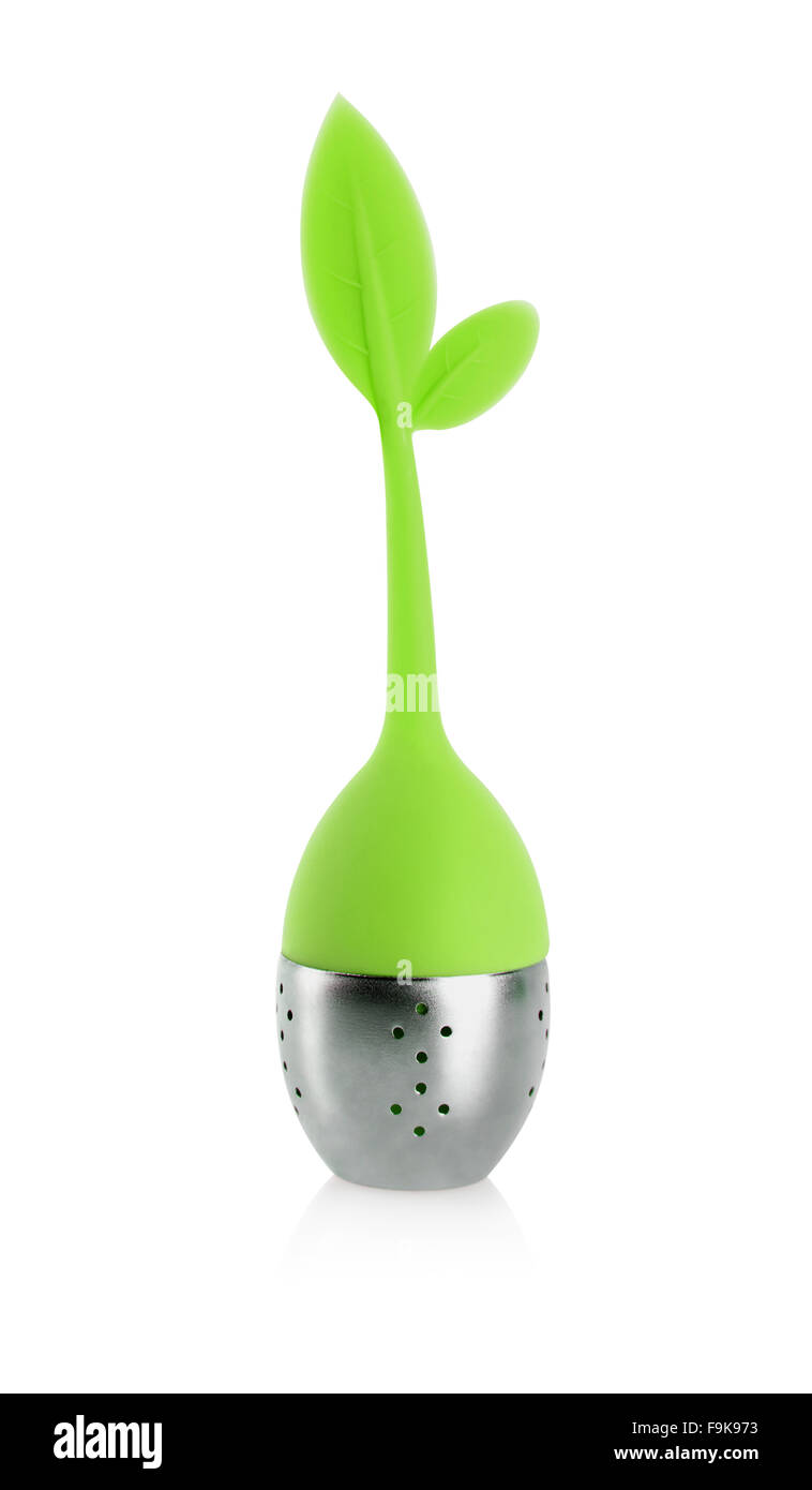Tea infuser with metallic container and green rubber handle with leaves ...