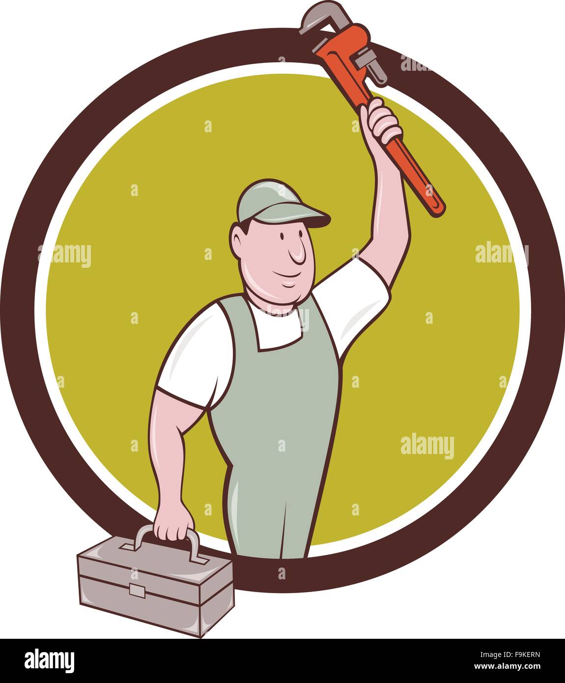 Illustration of a plumber holding monkey wrench raised up over head and carrying toolbox on the other hand looking to the side set inside circle on isolated background done in cartoon style. Stock Vector