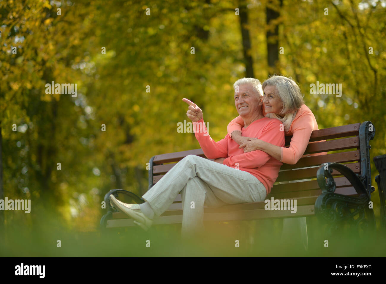 Happy elderly couple sitting on bench Stock Photo