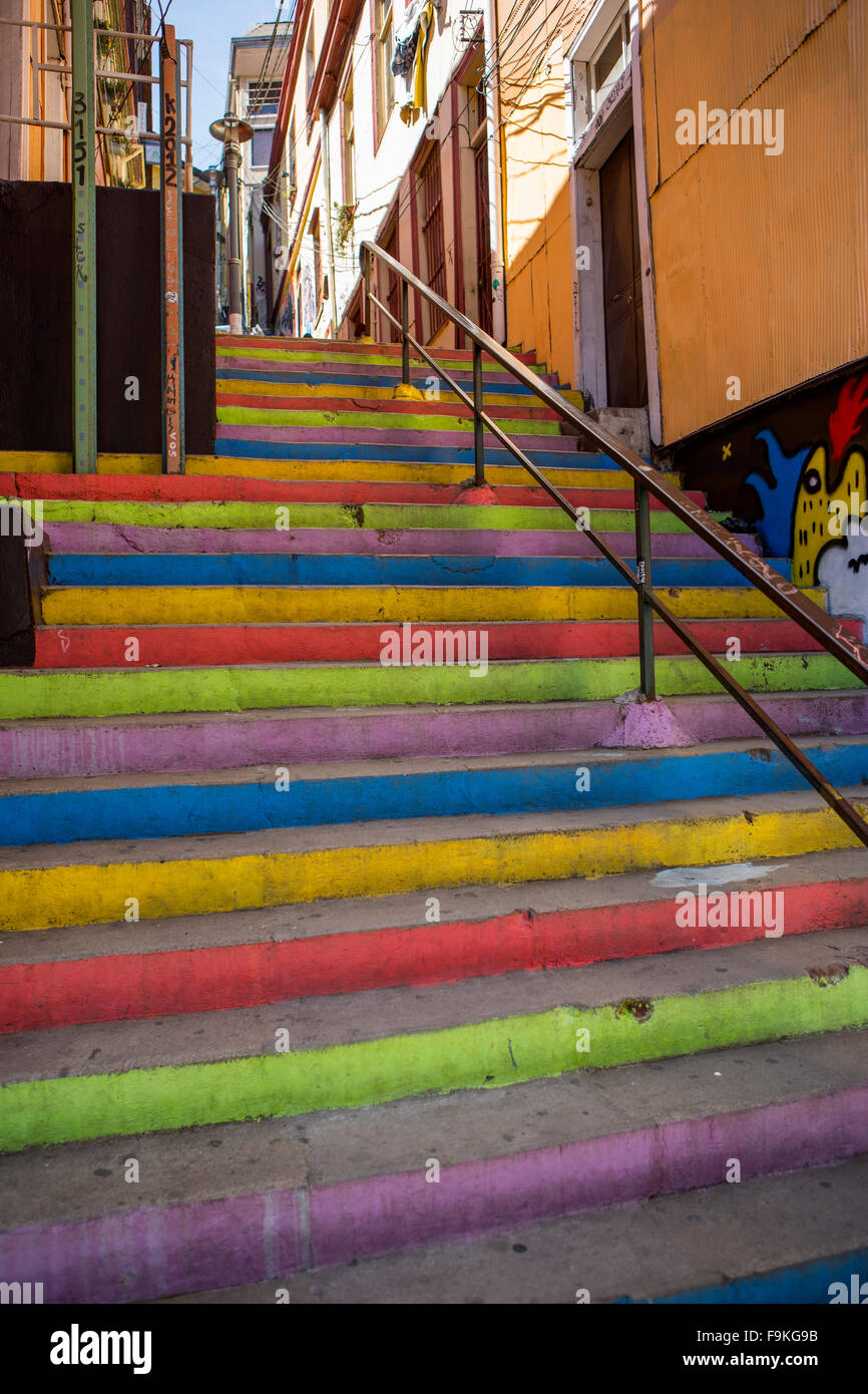 Multi colored steps, Valparaiso, Chile. Stock Photo