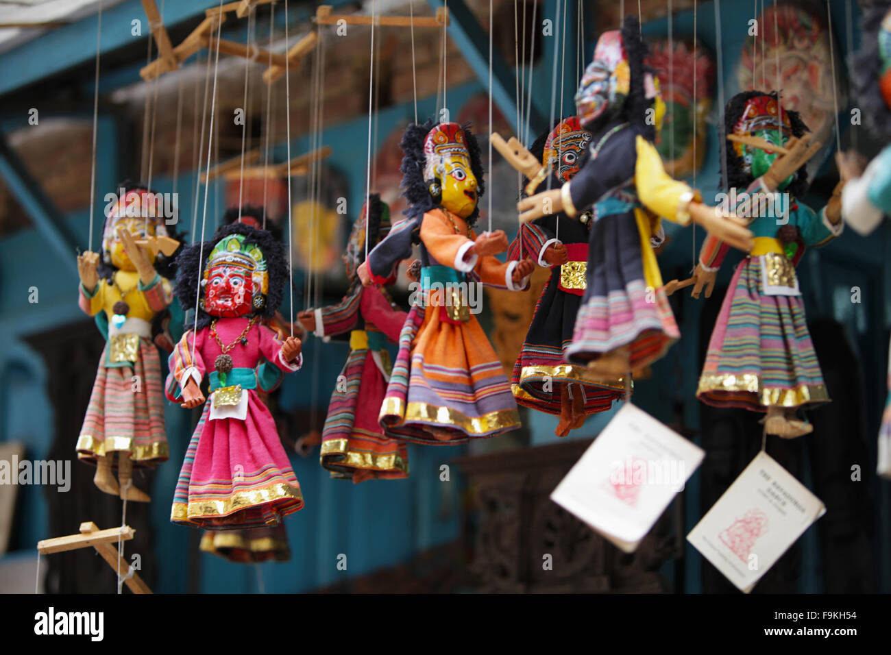 Hanging puppets for sale in a shop in near Patan Darbar Square in Nepal. Stock Photo