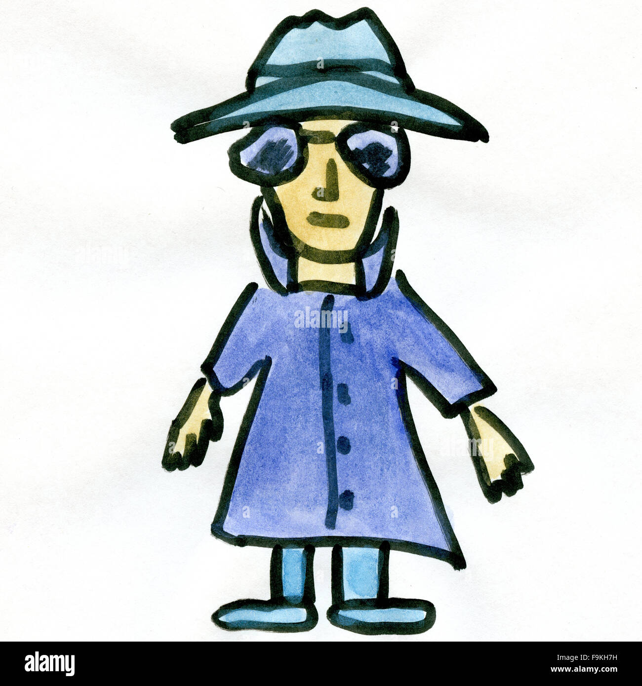cartoon detective FBI spy a man isolated on white background cartoon watercolor Stock Photo