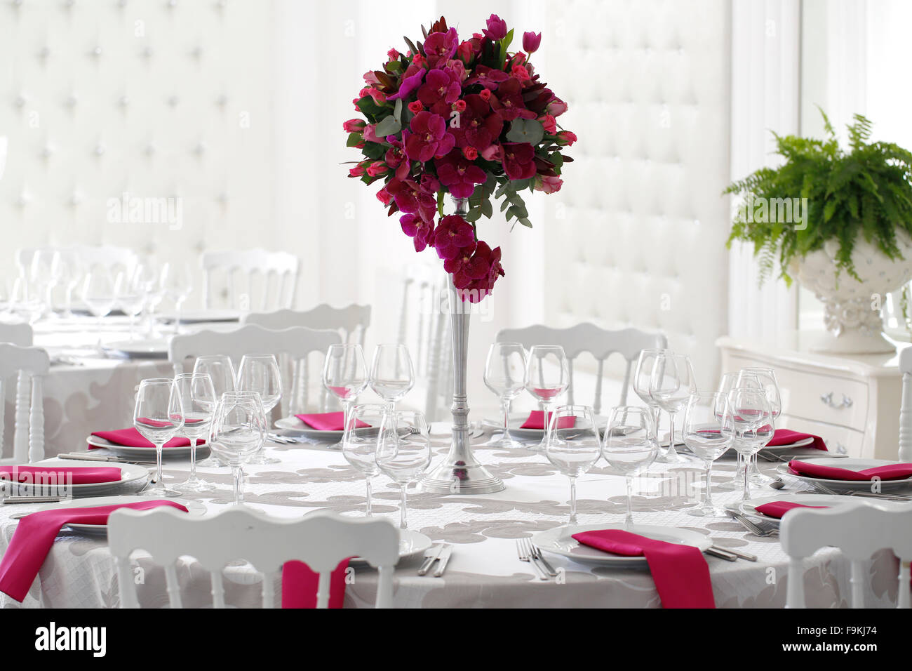 Beautiful Flower Bouquet Decoration On Wedding Table Stock Photo