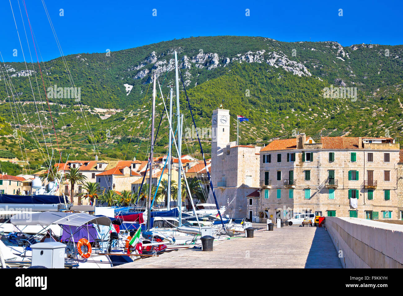 Town of Komiza waterfront and architecture, Island of Vis, Croatia Stock Photo