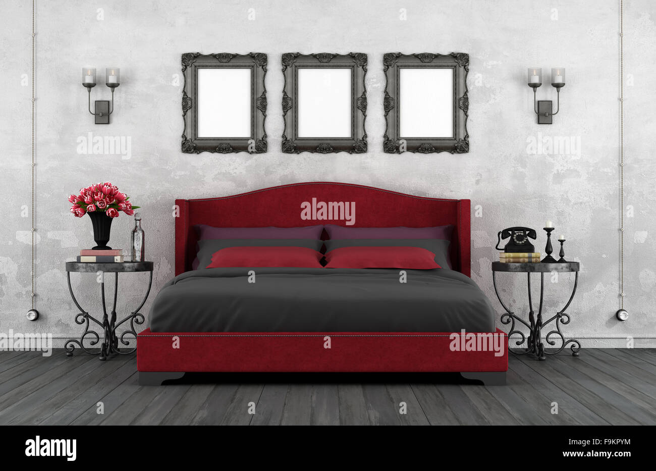 Vintage bedroom with classic leather bed and iron nightstands 3D Rendering Stock Photo Alamy