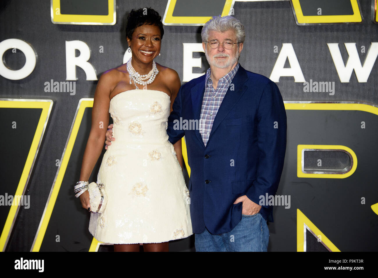 George Lucas and Mellody Hobson at the 'Star Wars: The Force Awakens ' premiere in London Stock Photo