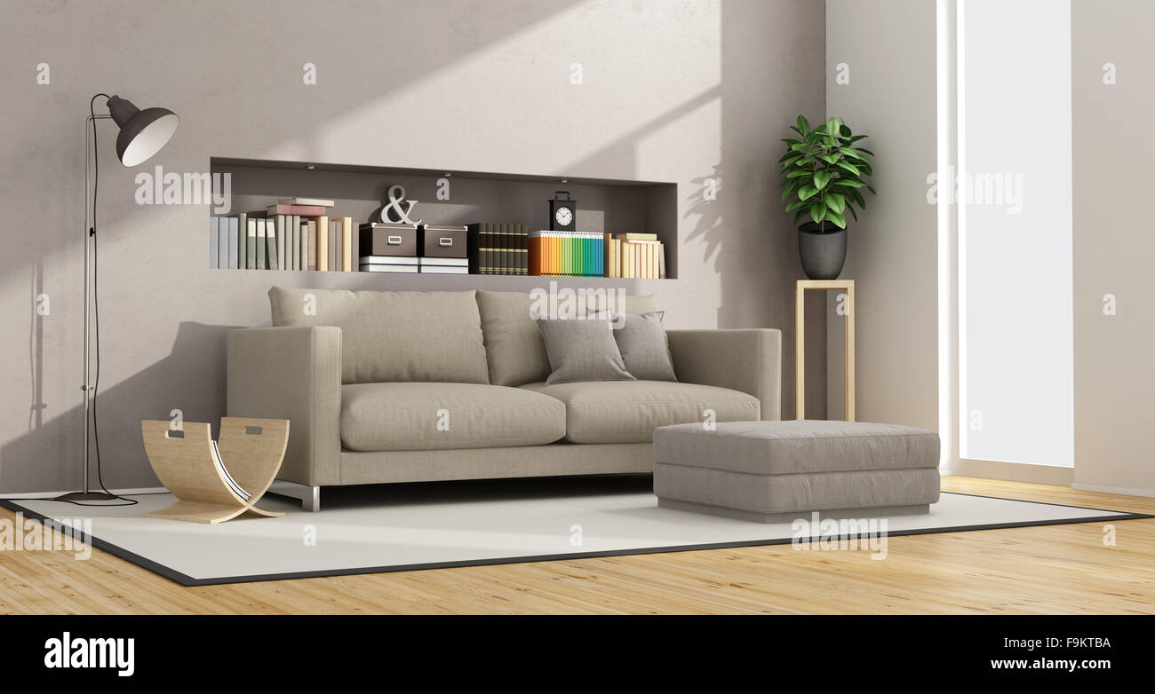 modern living room with sofa, footstool and niche with books and objects - 3D Rendering Stock Photo
