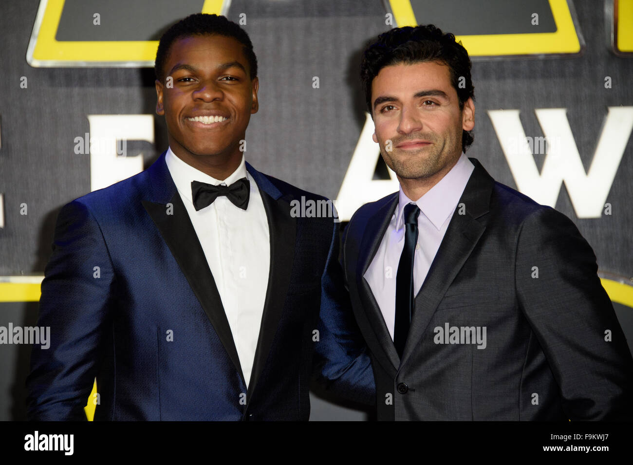 John Boyega and Oscar Isaac pose at the 'Star Wars: The Force Awakens ' premiere in London Stock Photo