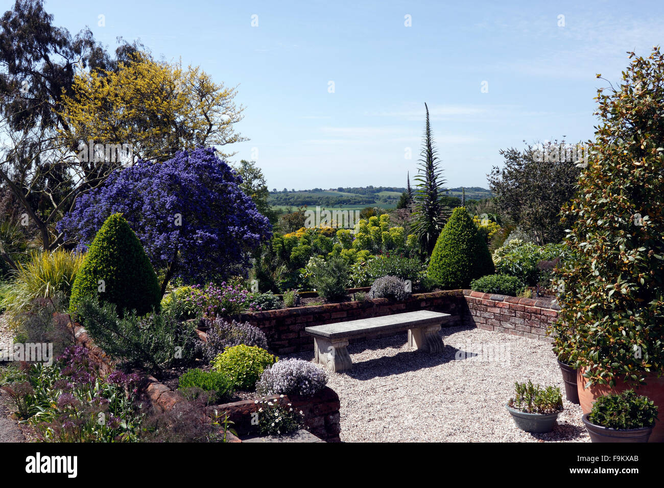 TRANQUIL GARDEN SEATING AREA. RHS HYDE HALL ESSEX. Stock Photo