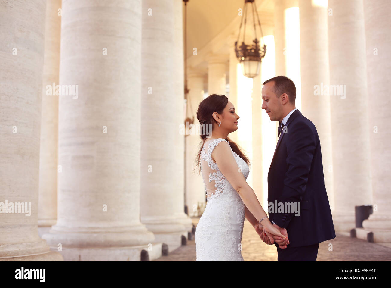 Beautiful bridal couple embracing near columns Stock Photo - Alamy