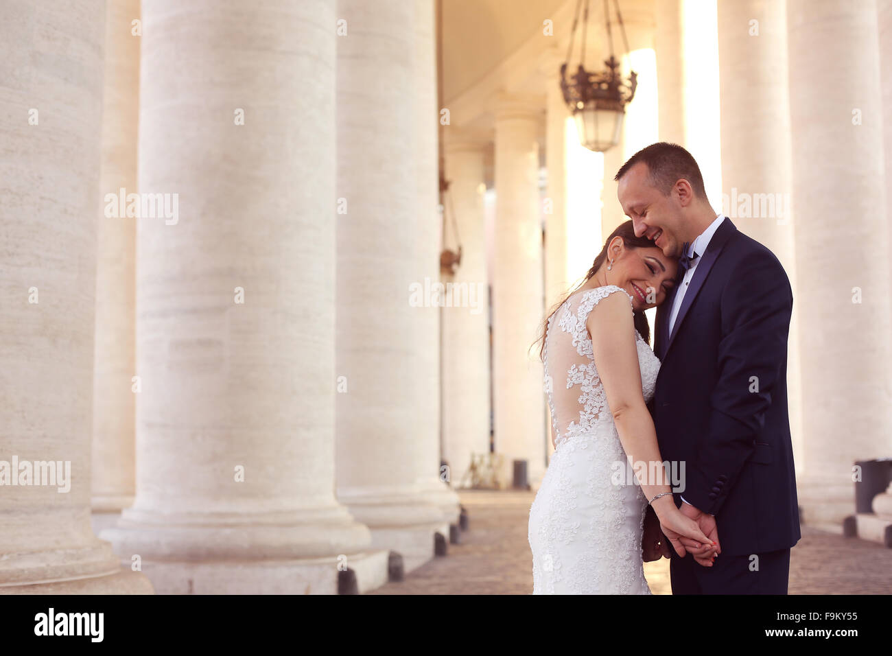 Beautiful bridal couple embracing near columns Stock Photo - Alamy