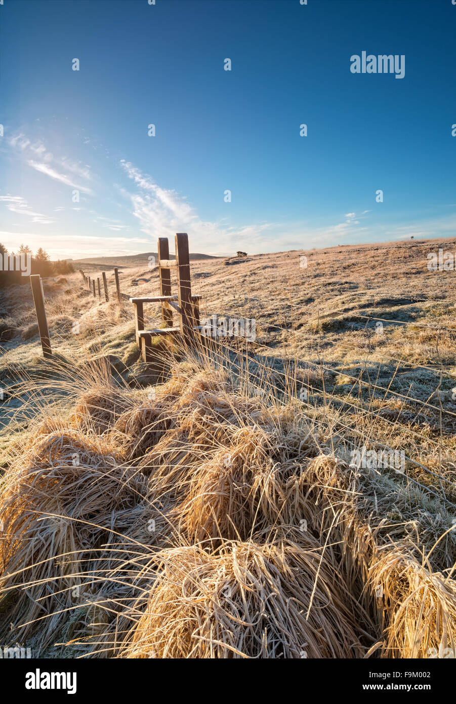 A cold frosty morning at an old stile on Bodmin Moor in Cornwall Stock Photo