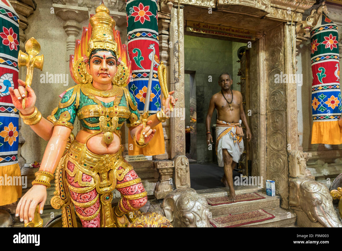 Hindu deity Kali and priest, Sri Veeramakaliamman Hindu temple, Singapore, Asia Stock Photo