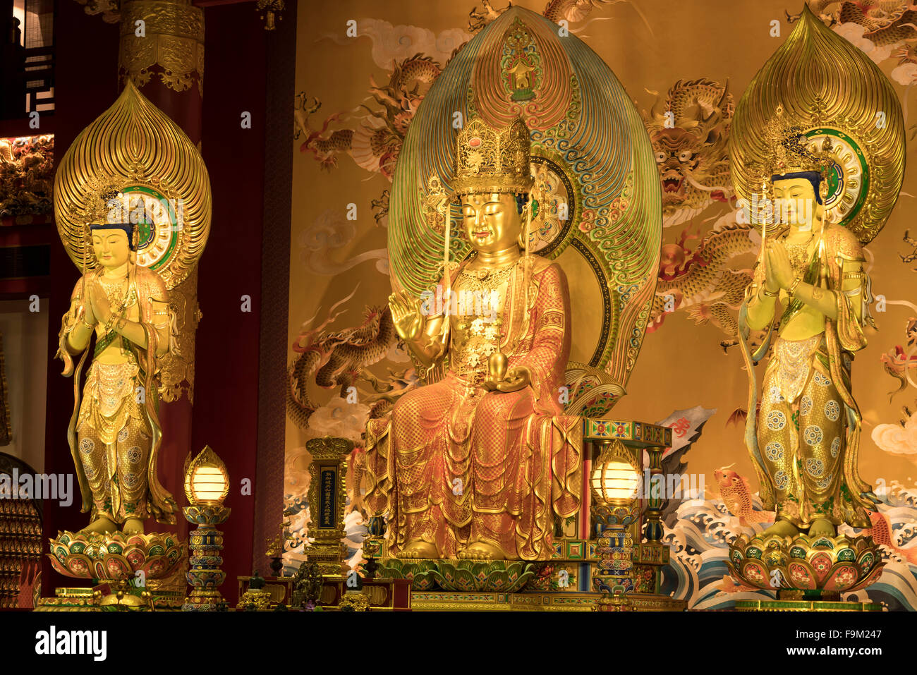 Golden statues, Buddha Tooth Relic Temple, Singapore, Asia Stock Photo