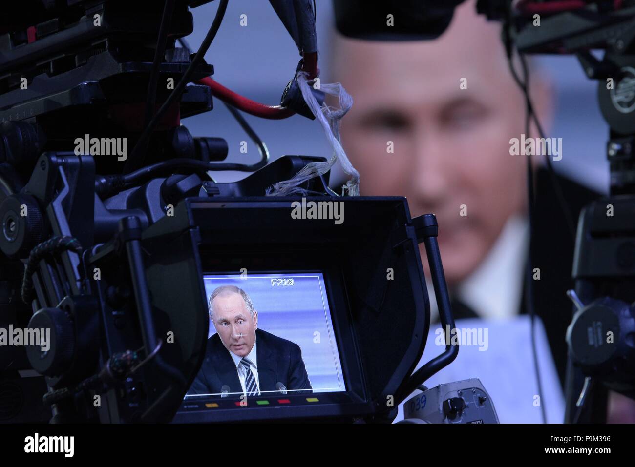 Moscow, Russia. 17th Dec, 2015. Russian President Vladimir Putin is seen in camera screen during his annual year-end press conference in Moscow, capital of Russia, on Dec. 17, 2015. Russian President Vladimir Putin said Thursday at annual year-end press conference that the economic crisis peak in the country has passed, with signs of stability already shown in second quarter of this year. Credit:  Dai Tianfang/Xinhua/Alamy Live News Stock Photo