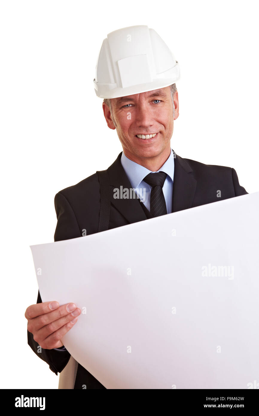 Smiling senior architect with building prints at work Stock Photo