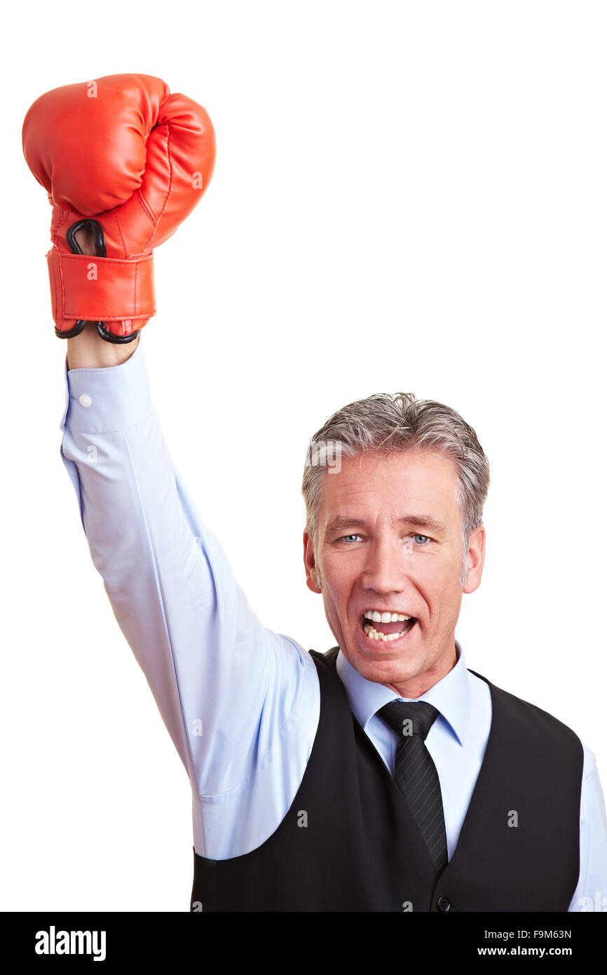 Sucessful manager cheering with a red boxing glove Stock Photo - Alamy