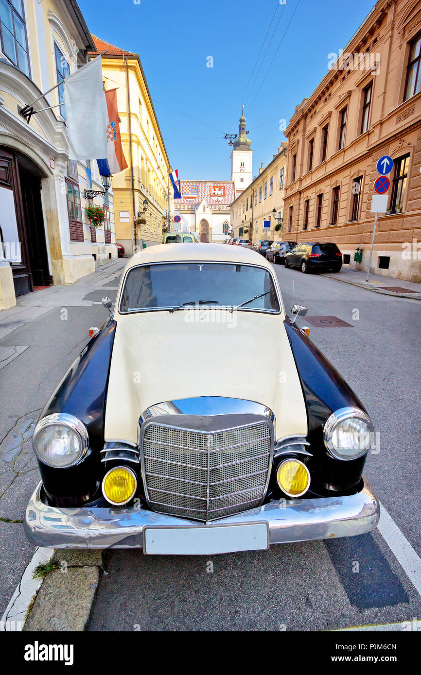 Zagreb historic upper town street with historic car, capital of Croatia