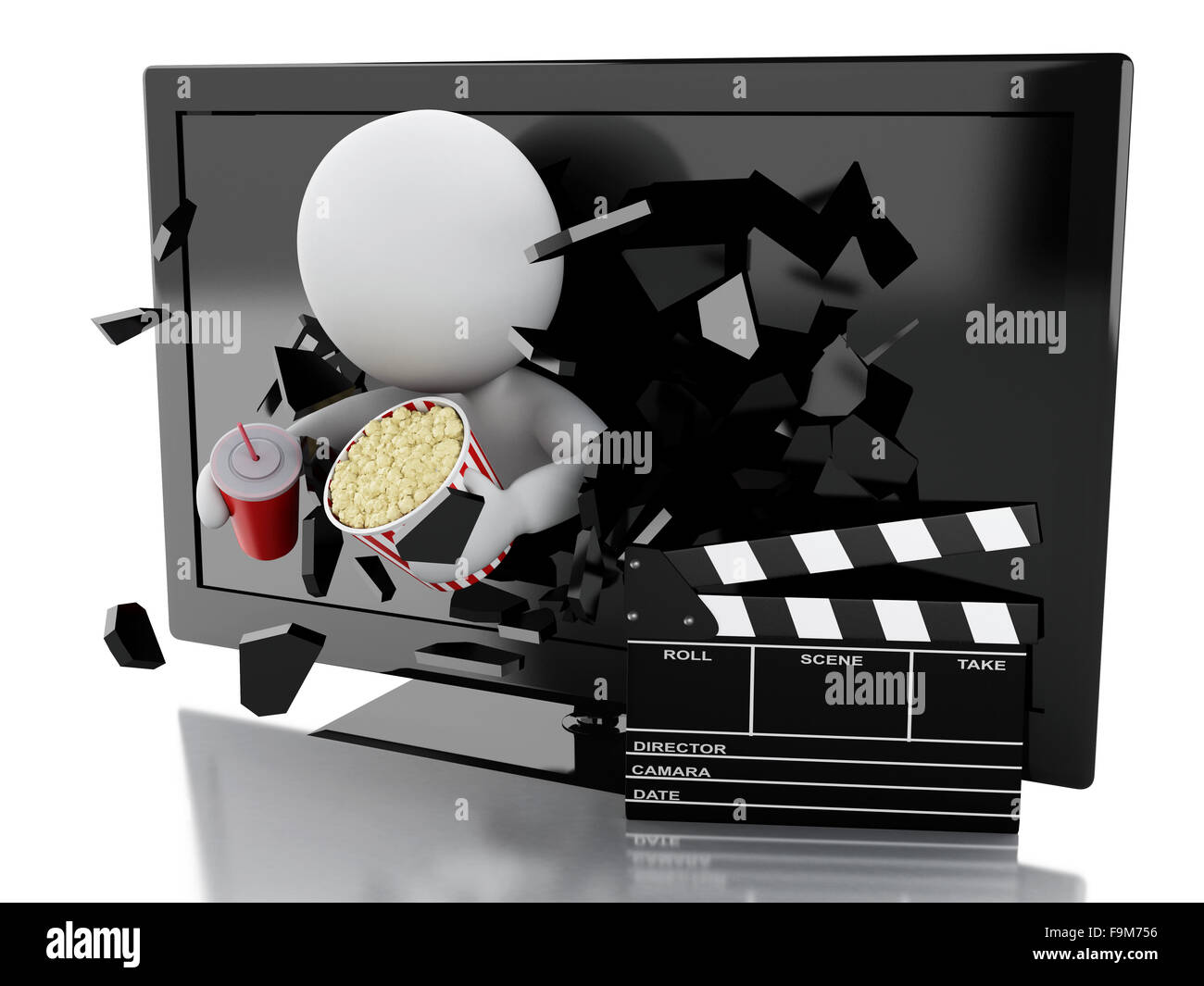 3d illustration. White people coming out of 3d television with clapper