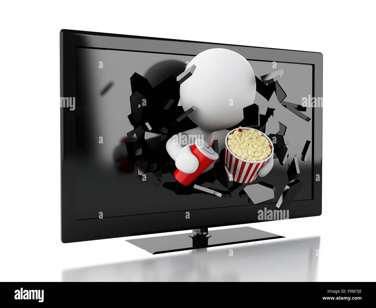 3d illustration. White people coming out of 3d television with popcorn and drink. cinematography concept. Isolated white backgro Stock Photo