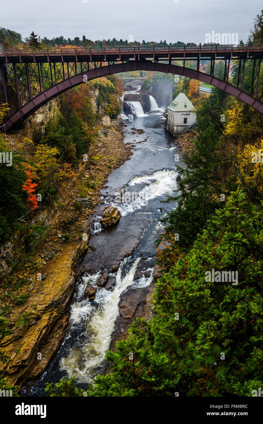 Ausable Chasm Bridge and Falls at Adirondack, New York Stock Photo